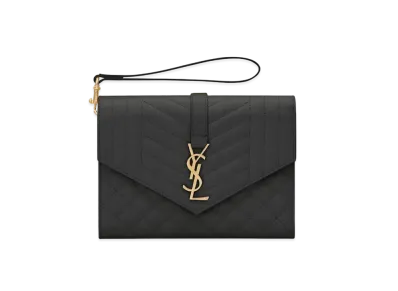 SAINT LAURENT Monogram Clutch In Mix Matelasse Grain De Poudre Embossed Leather "Black"