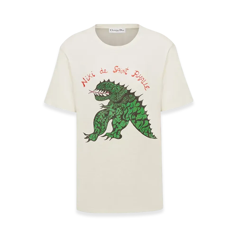 Dior Women's T-Shirt Linen Jersey Dragon Motif "White/Green"