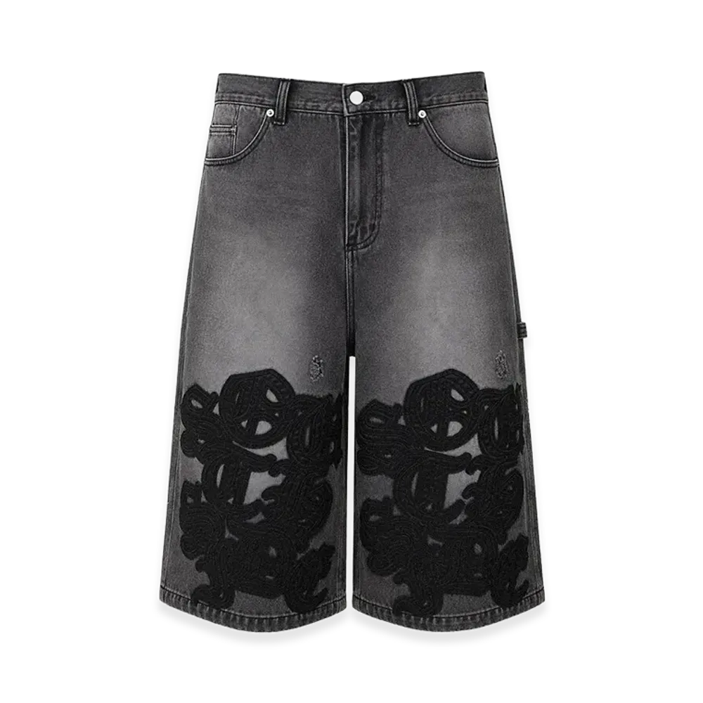 BREATH Faux Leather Patch Denim Shorts "Black"