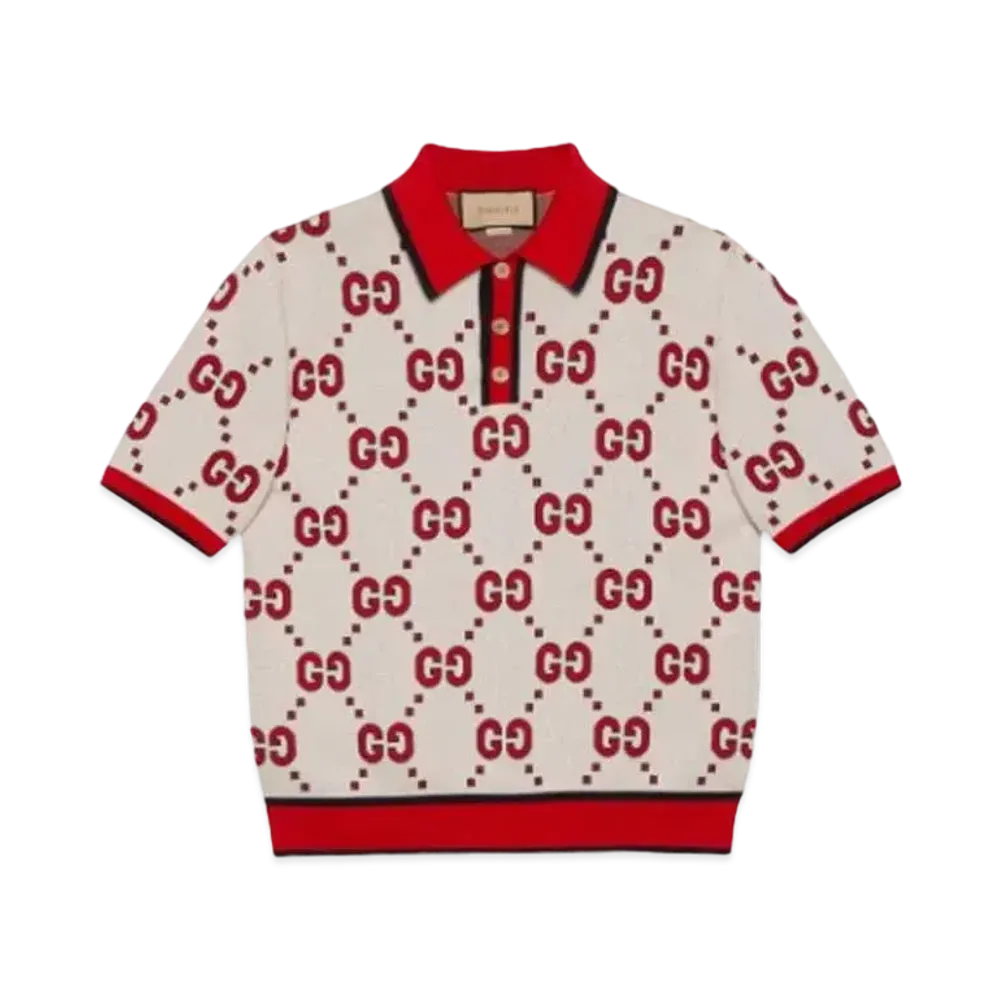 GUCCI Men's GG Cotton Polo T-shirt "Ivory/Red"