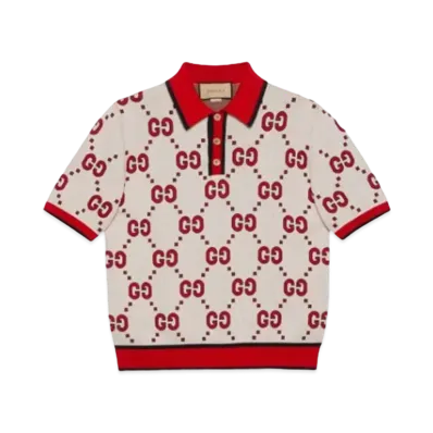 GUCCI Men's GG Cotton Polo T-shirt "Ivory/Red"