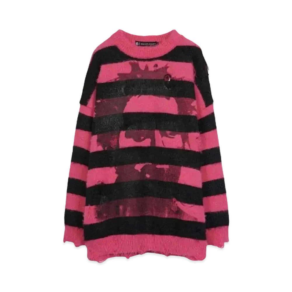 A GOOD BAD INFLUENCE HAND PRINTED FACE LOGO SWEATER(BLACK INK) "BLACK RED"