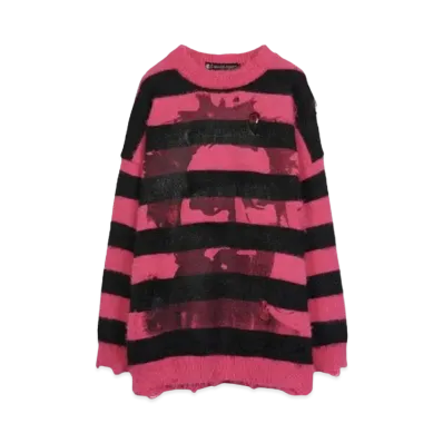 A GOOD BAD INFLUENCE HAND PRINTED FACE LOGO SWEATER(BLACK INK) "BLACK RED"