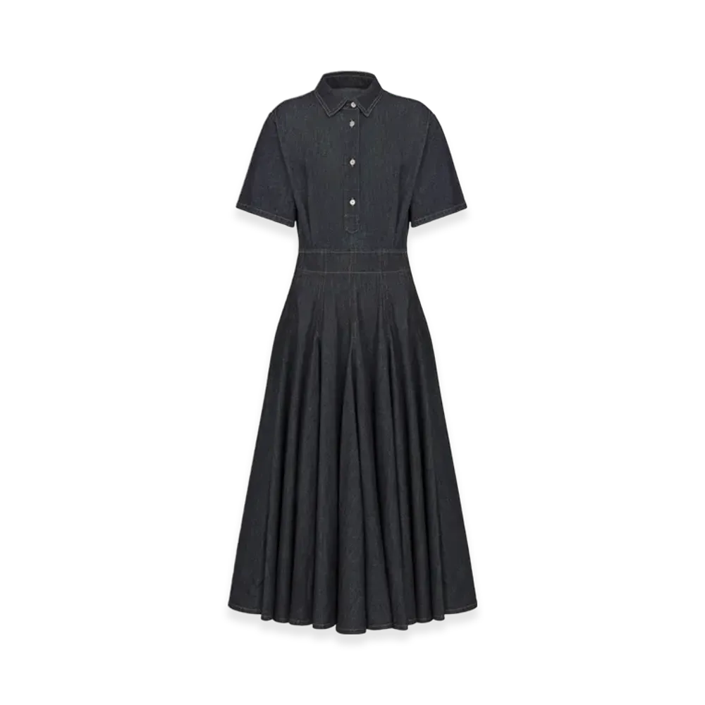 Dior Women's Pleated Shirt Dress Lightweight Raw Denim "Blue"