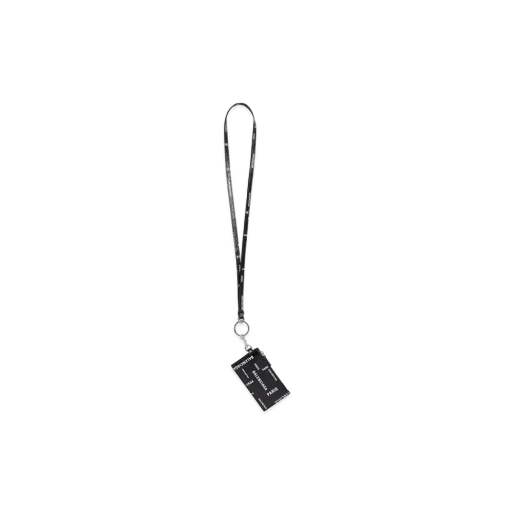 BALENCIAGA Cash Card Case On Keychain Bal Paris Allover Logo Printed Arena Lambskin "Black/White"