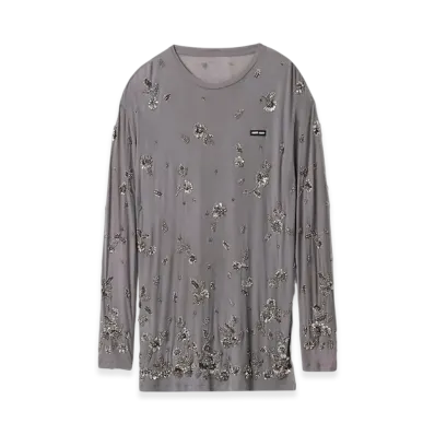 MIU MIU Women's Embroidered Garment Dyed Ribbed Knit Jersey Dress "Lead Gray"