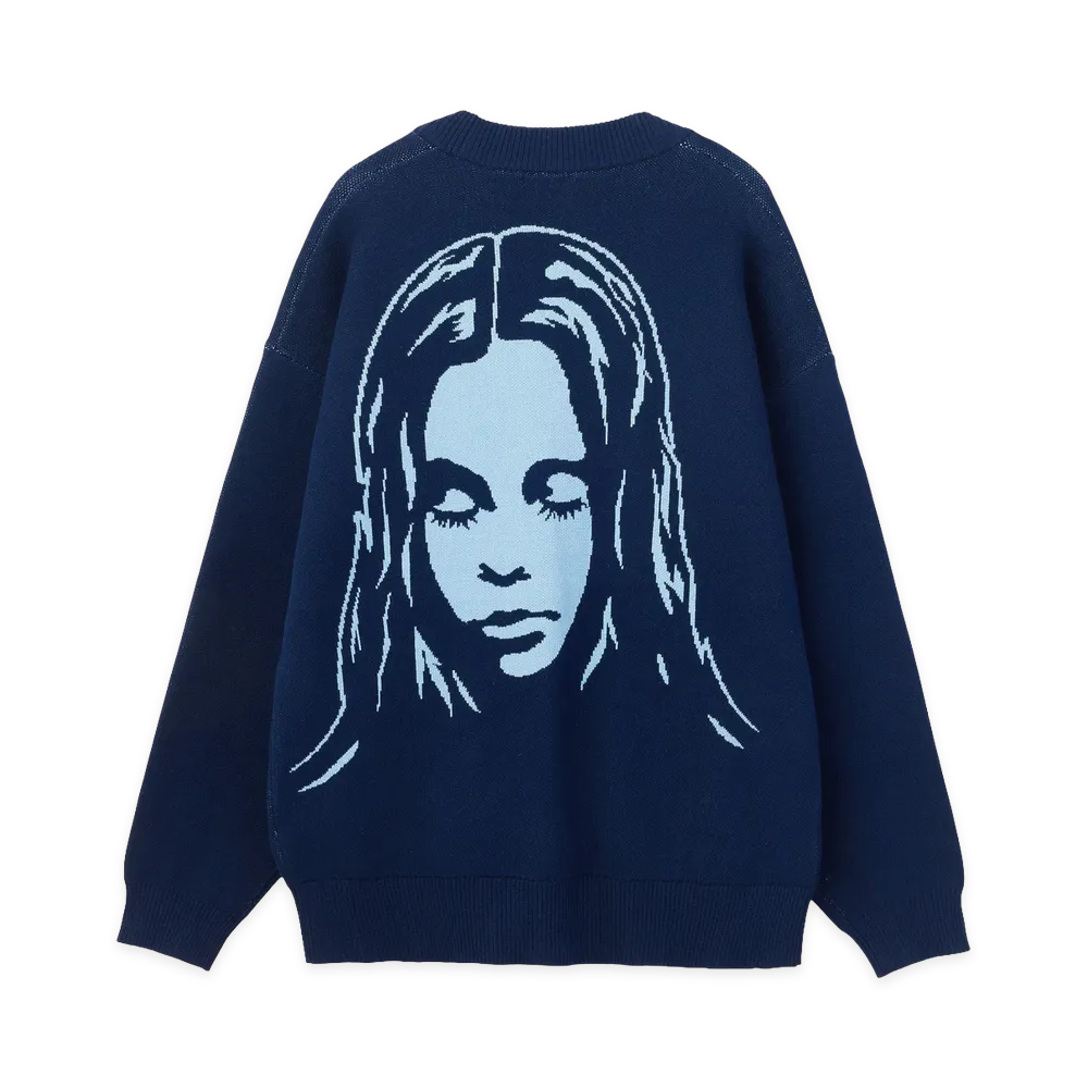 X-Girl Women's Face Back Jacquard Knit Cardigan "Navy"