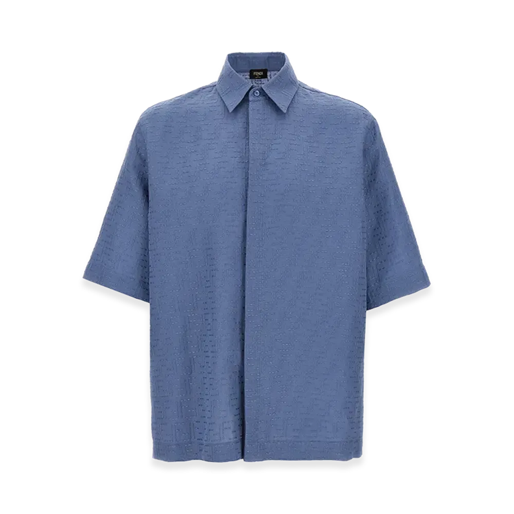 FENDI Linen FF Jacquard Short Sleeve Shirt "Blue"