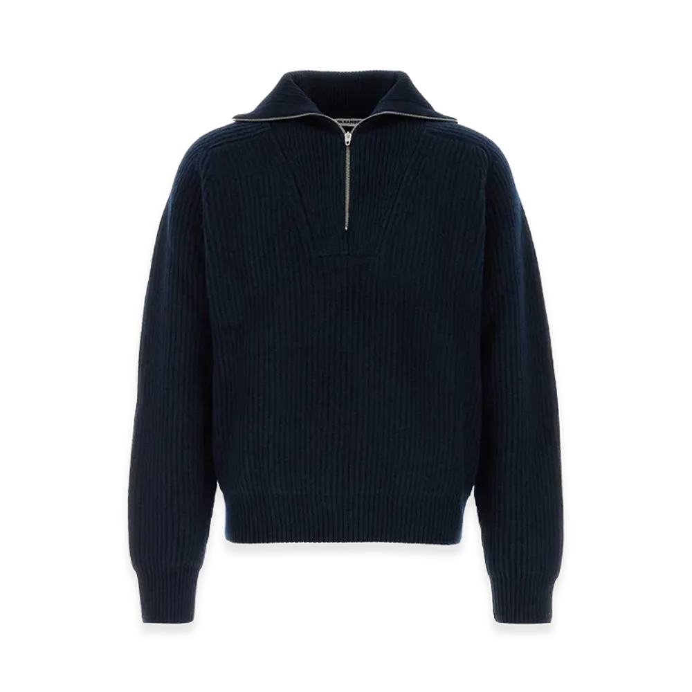 Jil Sander Half-Zip Wool Polo Sweater "Navy Blue"