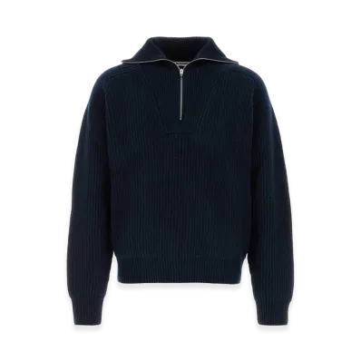 Jil Sander Half-Zip Wool Polo Sweater "Navy Blue"