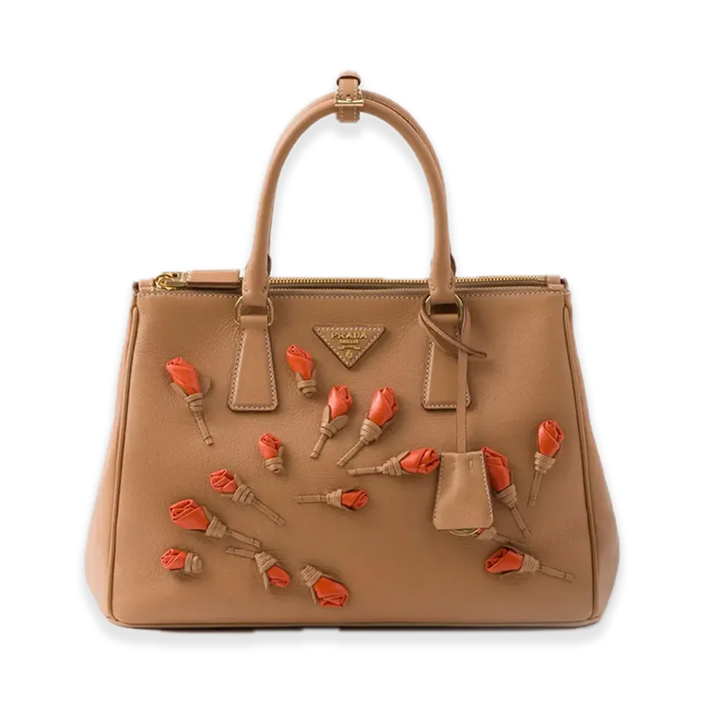 PRADA Galleria Large Soft Grain Leather Bag with Floral Applique "Natural/Orange"