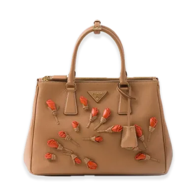 PRADA Galleria Large Soft Grain Leather Bag with Floral Applique "Natural/Orange"