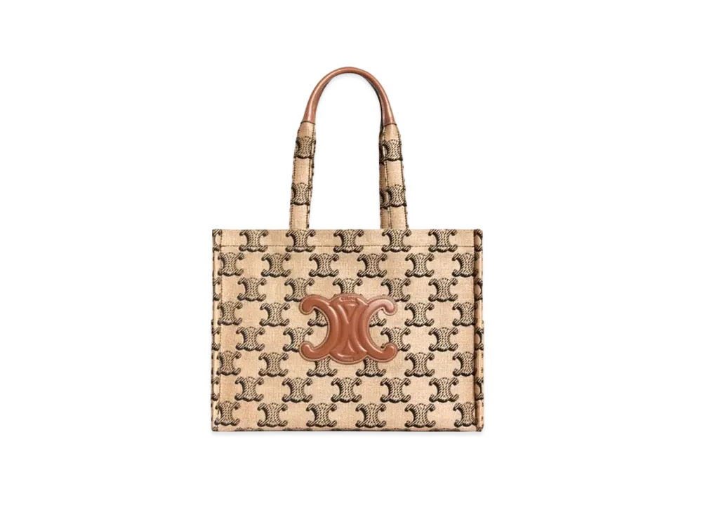 CELINE Large Cabas Thais In Raffia Jacquard Triomphe & Calfskin "Natural/Tan"