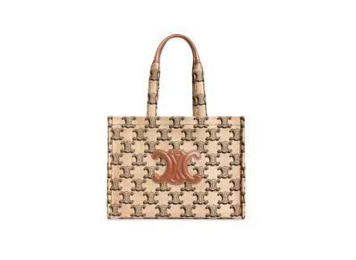 CELINE Large Cabas Thais In Raffia Jacquard Triomphe & Calfskin "Natural/Tan"