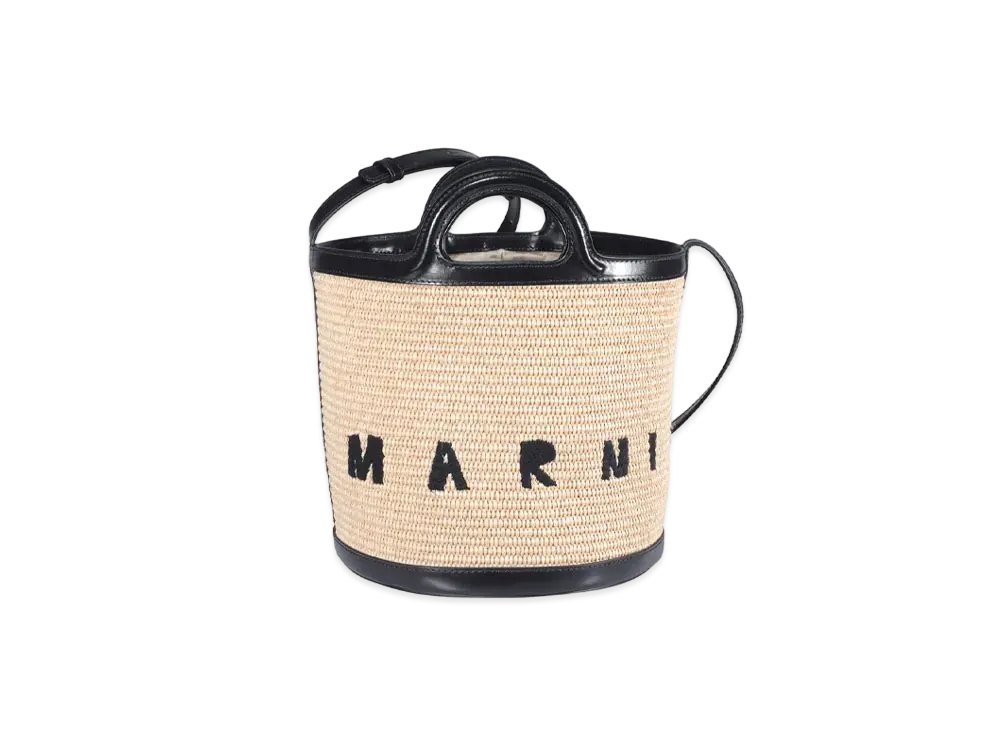 Marni Black Calf And Raffia Tropicalia Small Bucket Bag "Sandstorm/Black"
