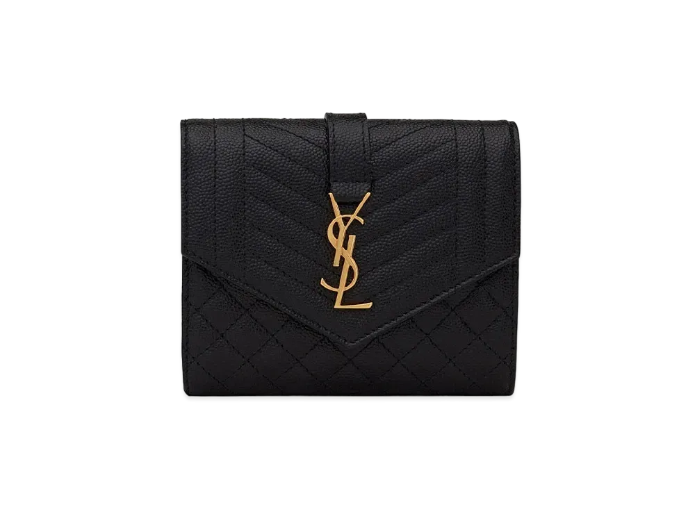 SAINT LAURENT Envelope Compact Tri Fold Wallet In Mix Matelasse Grain De Poudre Embossed Leather "Black"
