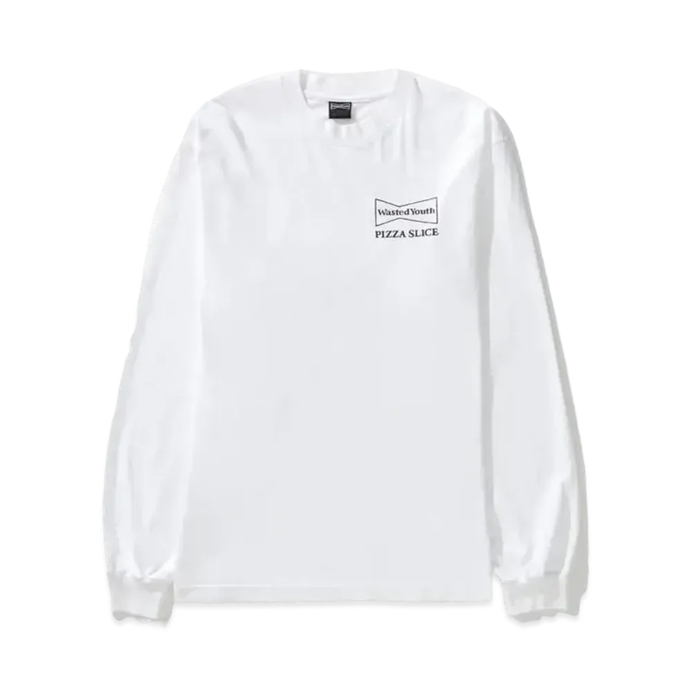 Wasted Youth x PIZZA SLICE LONG SLEEVE T-SHIRT (With Button Badge) "White/Black" / VERDY