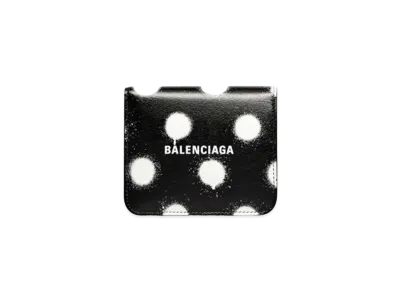 BALENCIAGA Cash Flap Coin And Card Holder In Sprayed Polka Dots Printed Smooth Calfskin "Black"