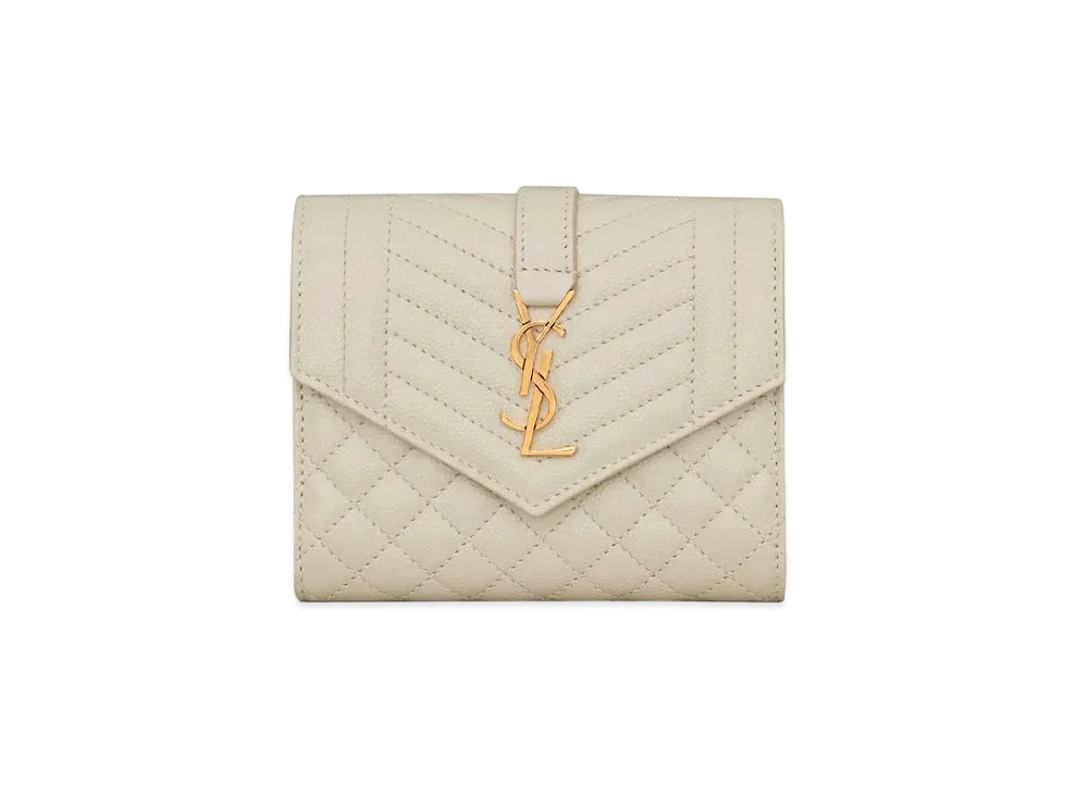SAINT LAURENT Envelope Compact Tri Fold Wallet In Mix Matelasse Grain De Poudre Embossed Leather "Vintage White"