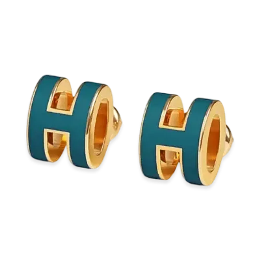 Hermes Mini Pop H Earrings "Gold/Bleu Jean"
