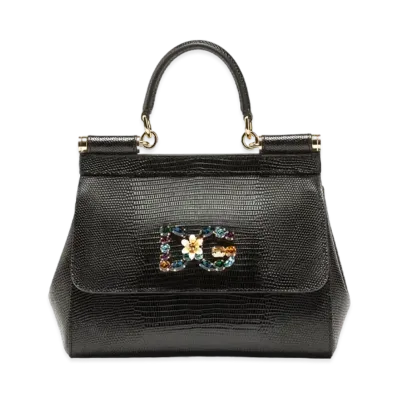 Dolce&Gabbana Sicily Bag Small Calfskin Igana Print Logo Patch DG Crystal "Black"