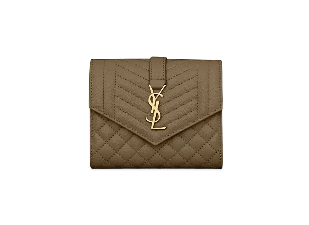 SAINT LAURENT Envelope Compact Tri Fold In Grain De Poudre Embossed Leather "Khaki"