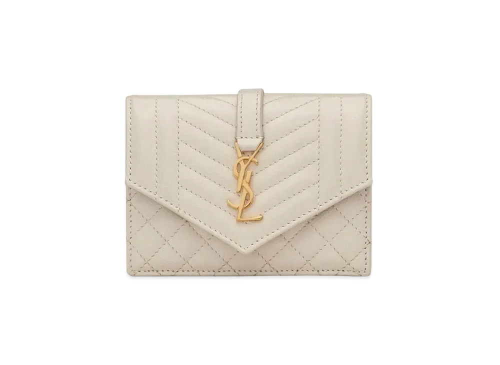 SAINT LAURENT Monogram Card Case In Mix Matelasse Grain De Poudre Embossed Leather "Vintage White"