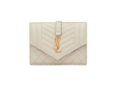 SAINT LAURENT Monogram Card Case In Mix Matelasse Grain De Poudre Embossed Leather "Vintage White"