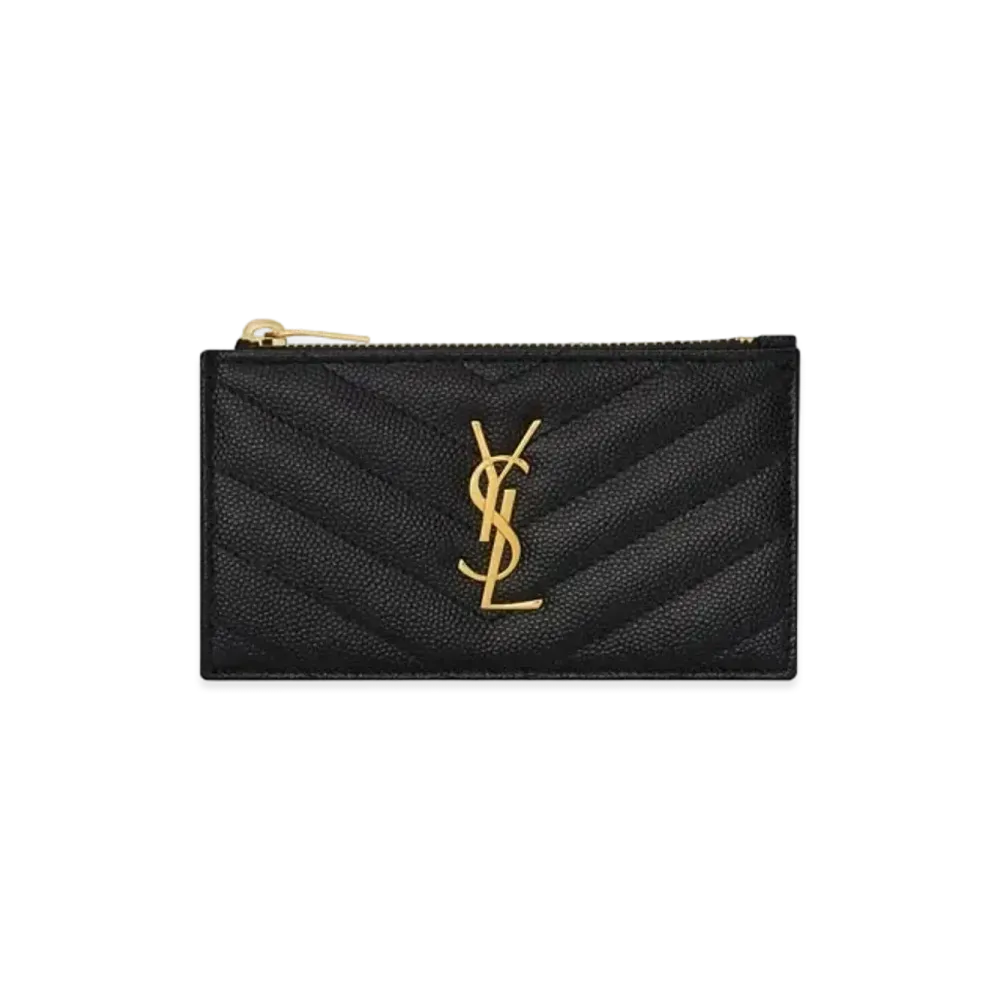 Saint Laurent Monogram Fragments Zippered Card Case In Grain De Poudre Embossed Leather "Black"