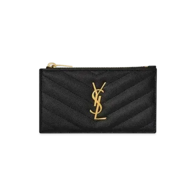 Saint Laurent Monogram Fragments Zippered Card Case In Grain De Poudre Embossed Leather "Black"