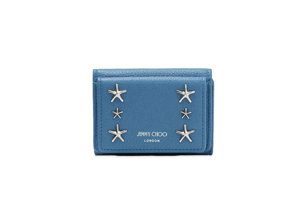 Jimmy Choo Nemo Soft Grainy Calf Leather Small Wallet With Star Studs "Silver/Butterfly Blue"