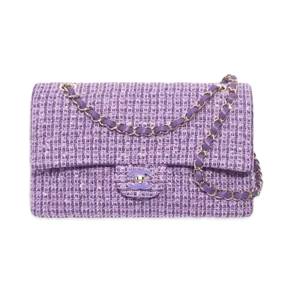 CHANEL Classic Handbag Tweed Enamel Sequins & Gold-Tone Metal "Purple/Silver"