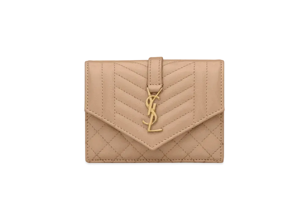 SAINT LAURENT Monogram Card Case In Mix Matelasse Grain De Poudre Embossed Leather "Dark Beige"