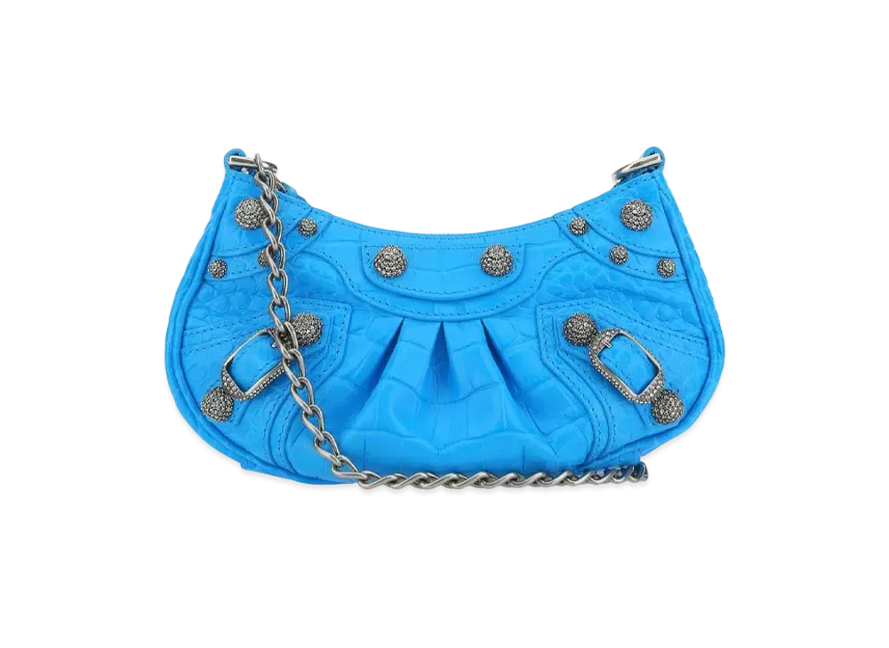 BALENCIAGA Le Cagole Mini Purse With Chain Crocodile Embossed With Rhinestones "Blue"