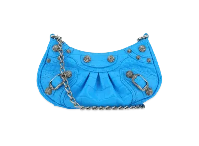 BALENCIAGA Le Cagole Mini Purse With Chain Crocodile Embossed With Rhinestones "Blue"