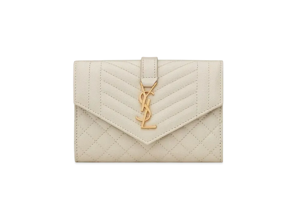 SAINT LAURENT Monogram Small Envelope Wallet In Mix Matelasse Grain De Poudre Embossed Leather "Vintage White"