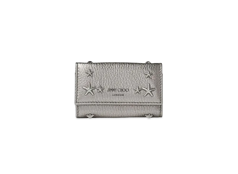 Jimmy Choo Neptune Metaric Soft Grainy Calf Leather Key Case With Stars Studs "Gunmetal"