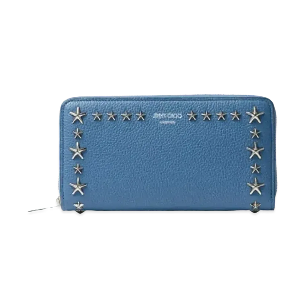 Jimmy Choo Pippa Soft Grainy Calf Leather Wallet With Star Studs "Silver/Butterfly Blue"