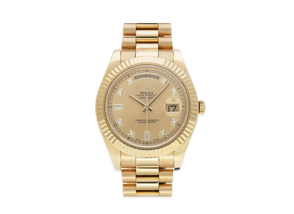 ROLEX Daydate II 8P Diamonds/2P Baguette Diamonds "Champagne/Yellow Gold"