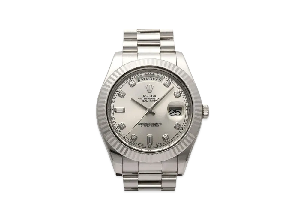 ROLEX Daydate II 8P Diamonds/2P Baguette Diamonds "Silver/White Gold"