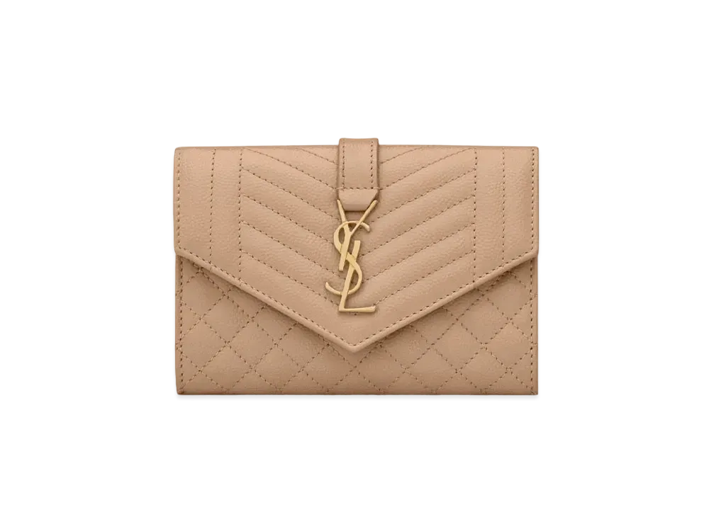 SAINT LAURENT Monogram Small Envelope Wallet In Mix Matelasse Grain De Poudre Embossed Leather "Dark Beige"