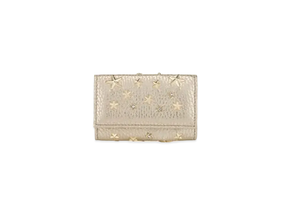 Jimmy Choo Neptune Washed Metallic Deerskin Zip Around Wallet With Crystal Star Studs "Light Gold"