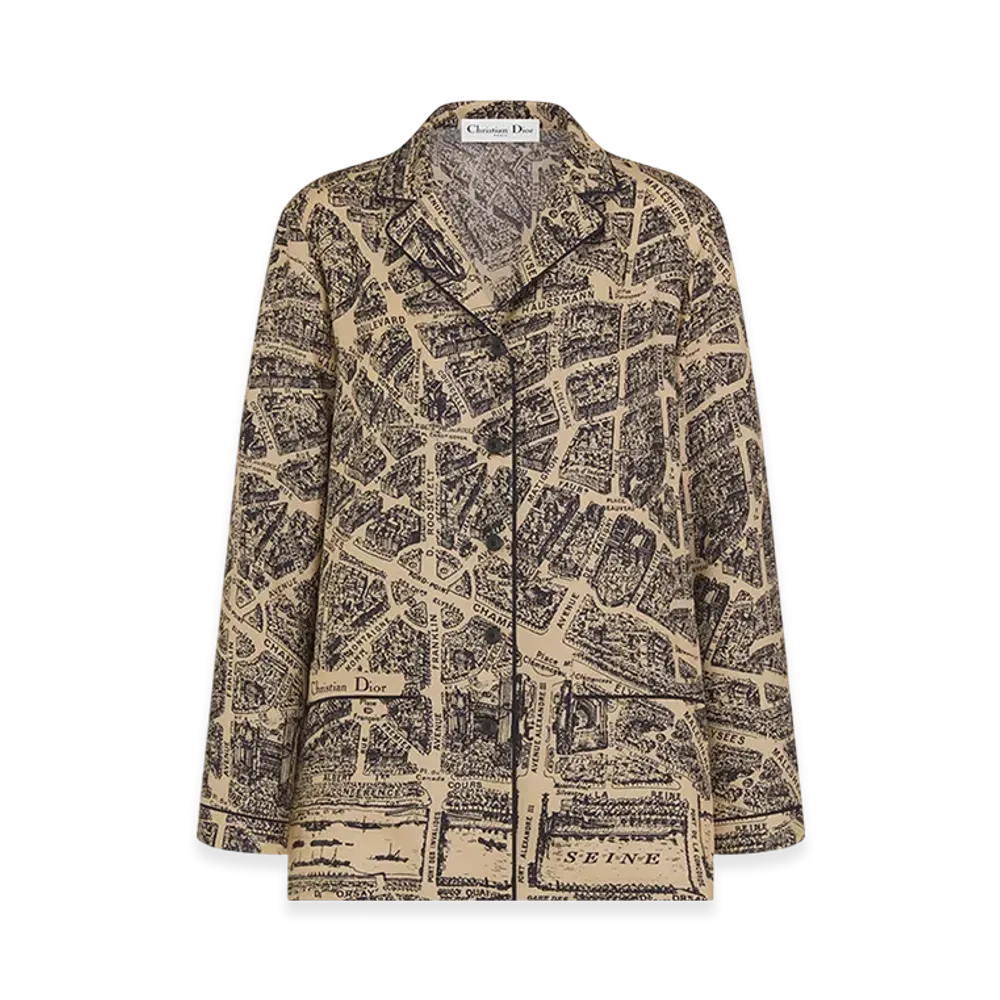 Dior Women's Chez Moi Shirt Silk Twill Plan Paris Motif "Beige/Black"