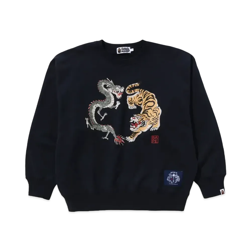 A BATHING APE Tiger And Dragon Relaxed Fit Crewneck Sweatshirt "Navy"