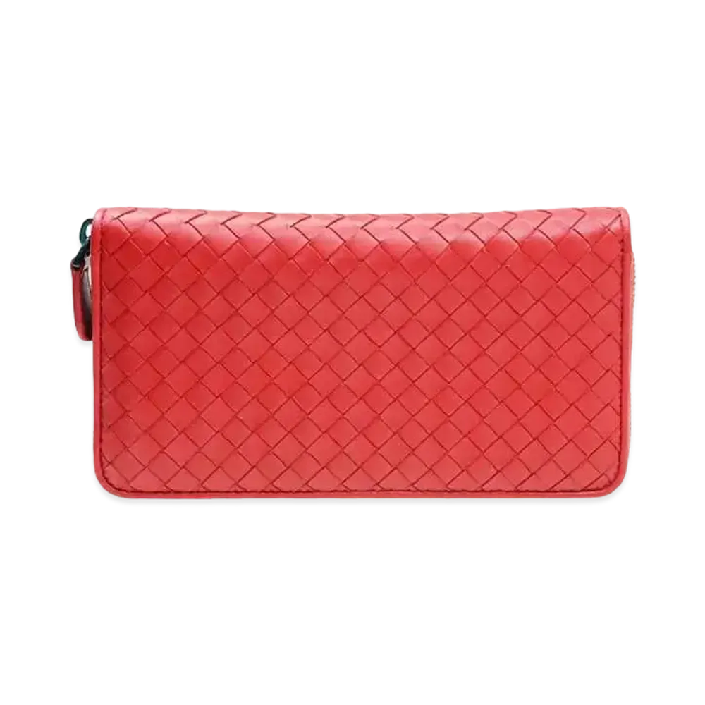 Bottega Veneta Intrecciato Lambskin Zip Around Wallet "Bright Red"