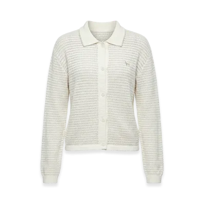 Maison Kitsune Women's Long Sleeve Cardigan Lace Knit Striped One-Point Collared Knit "Beige"