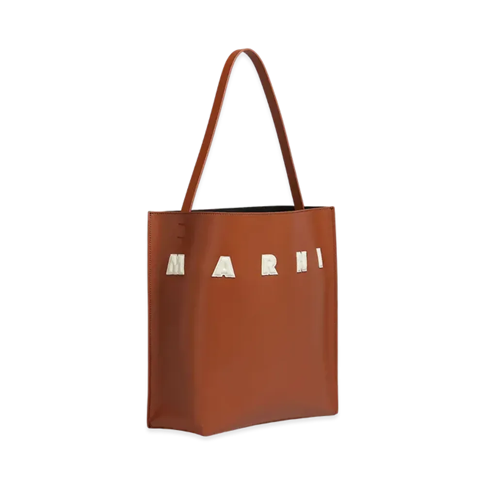 MARNI Museo Medium Hobo Bag in Leather with Patch "Moka/Ivory"