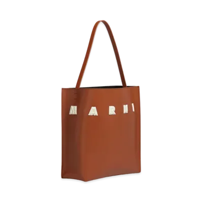 MARNI Museo Medium Hobo Bag in Leather with Patch "Moka/Ivory"