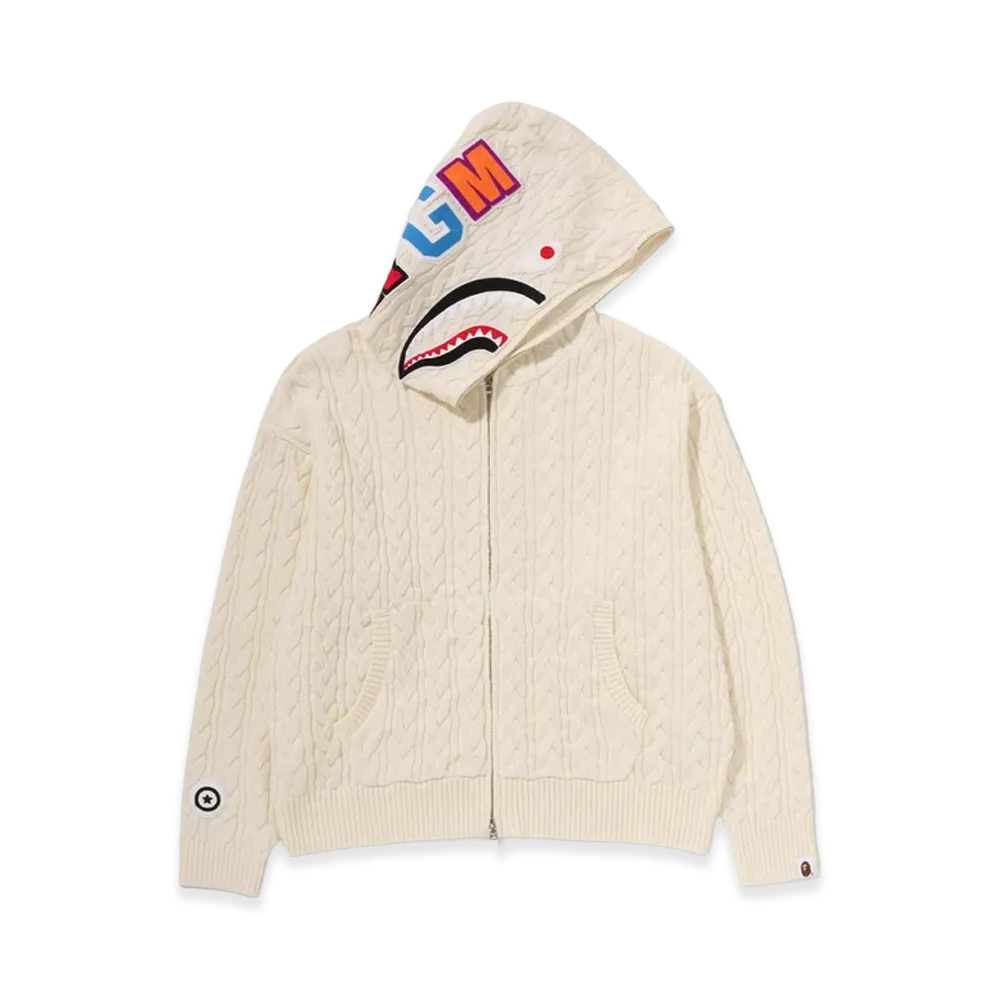 A BATHING APE Cable Knit Shark Relaxed Fit Full Zip Hoodie "Ivory"