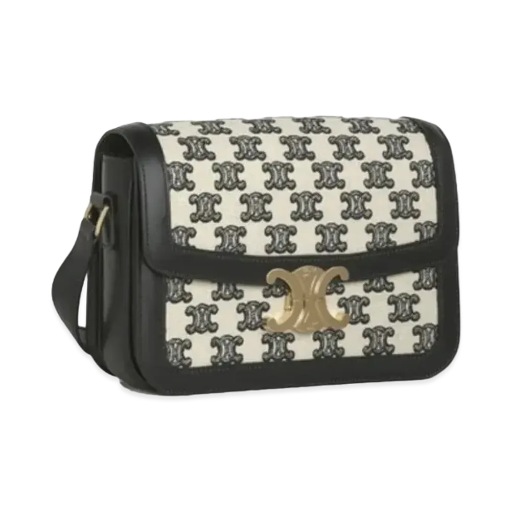 CELINE Medium Triomphe Bag in Textile with Triomphe Embroidery and Calfskin "Black"